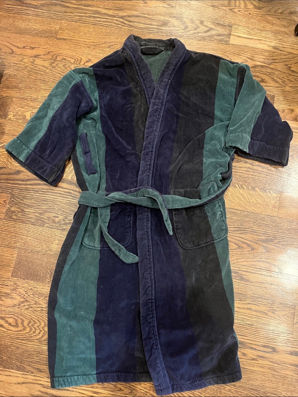 Men’s one size towel Stripe Bath Robe - Navy and Teal 80’s no brand